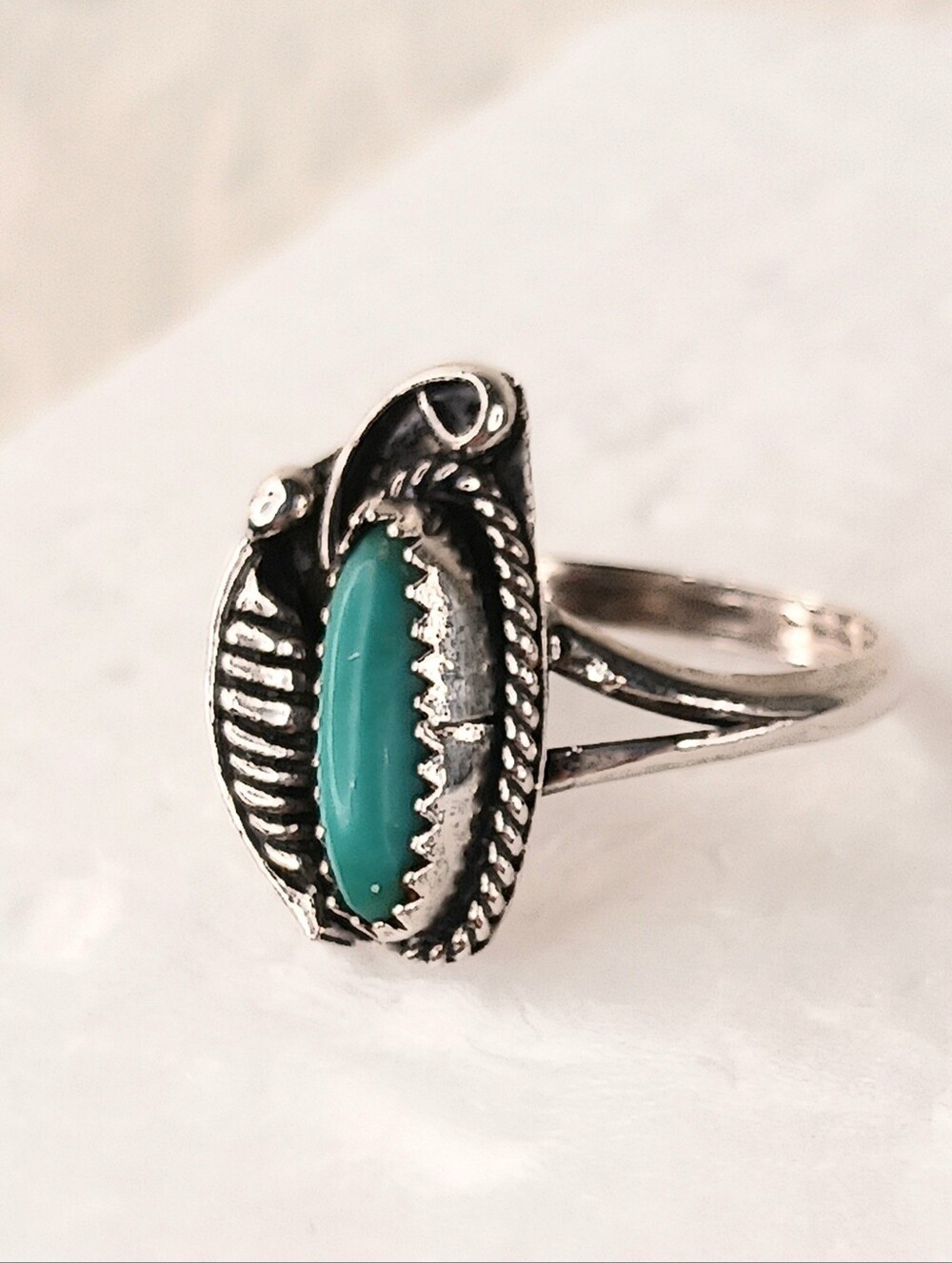 Feather Ring Sz 4.75 925 Turquoise Stone 10mm Native American Vintage Classic